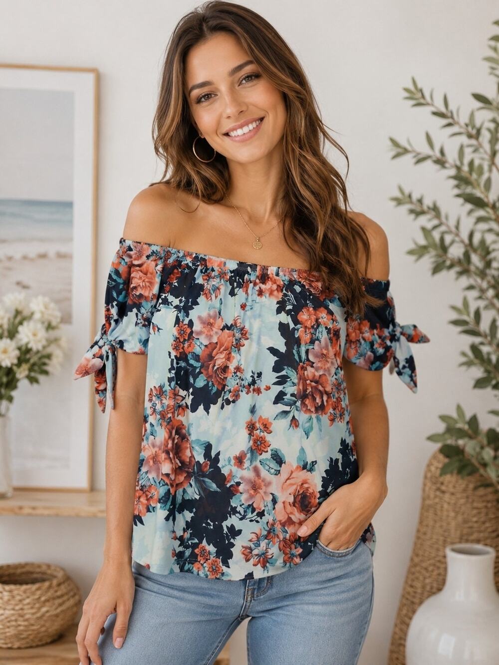 HEIMISH USA Off-Shoulder Floral Blouse in Light Blue and Coral Cottagecore Boho - Picture 1 of 7